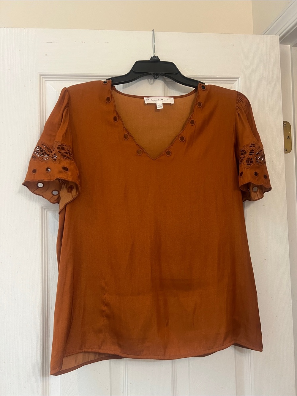 Chelsea & Theodore Burnt Orange V-Neck Eyelet Sleeve Blouse